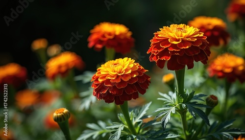 Vibrant marigold flowers flourish in garden setting. Orange, yellow petals glow in natural sunlight. Green foliage complements blooms. Floral beauty shows growth in natural environment. Blossoms