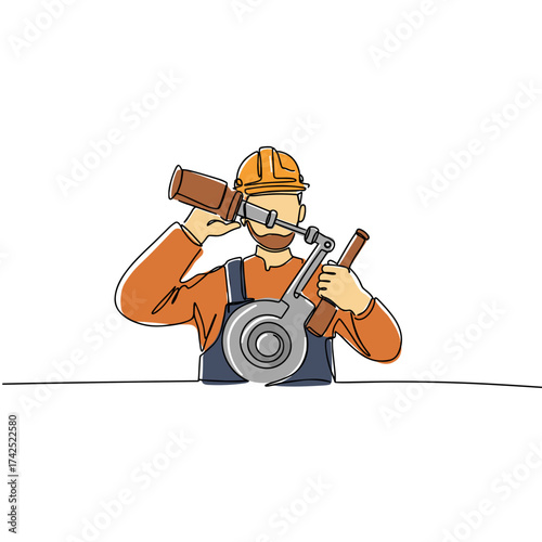 Man using metalworking tools while wearing a hard hat and safety gear  