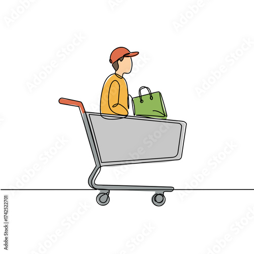 Person riding in shopping cart while holding a green bag  