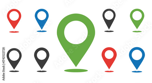 Collection of colorful map markers and location pins on white background