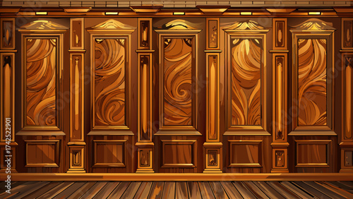 Rich walnut wooden wall panels, deep brown hues, fine detailed grain, soft lighting reflections, vector illustration, perfect for modern interiors, classic furniture, and elegant decorative design 