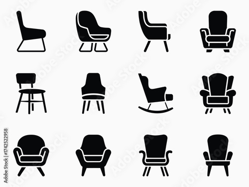 Collection of sixteen silhouette armchair and chair vector icons for furniture design and home decor scalable eps illustration silhouette vector illustration white background