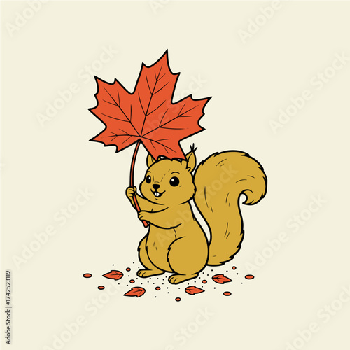 Charming illustration of a friendly squirrel holding a large red maple leaf like an umbrella during the fall season