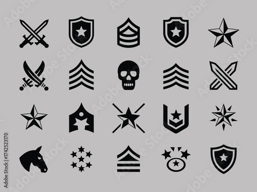 Vector graphics collection of military insignia shields stars skulls swords and ranks for scalable designs silhouette vector illustration white background