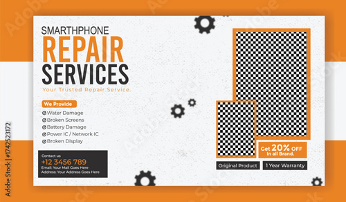 Smartphone repair services banner template for social media with modern design