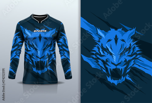 T-shirt mockup abstract  grunge tiger texture sport jersey design for football, soccer, racing, esports, running, blue navy color
