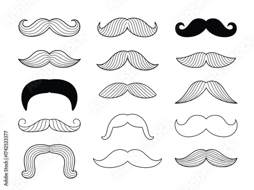 Collection of diverse hand-drawn moustache styles vector illustration scalable graphic elements for design silhouette vector illustration white background