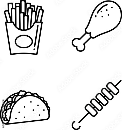 Various fast food items including fries, chicken leg, taco, and shish kebab arranged on a white surface in a minimalist style, perfect for a simple menu.