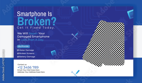 Advertisement banner for smartphone repair service with broken phone and tools