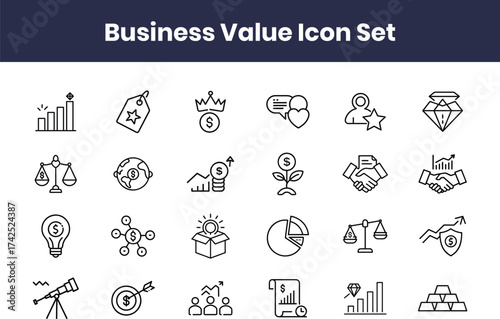  Business value icon set with growth, finance, innovation, leadership, success, investment, profit, teamwork, motivation, and achievement in line style  with transparent background.	