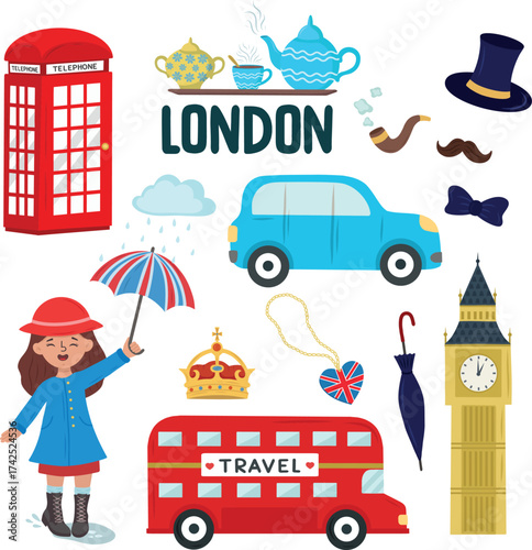 Hand-drawn set of the United Kingdom. A set of icons to illustrate the UK. Welcome to the elements of London. Collection of symbols of Britain