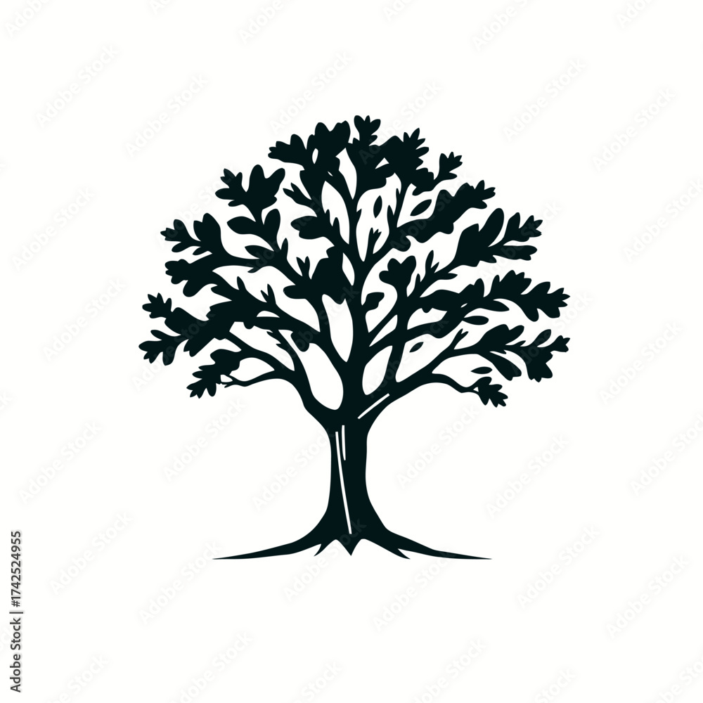 Fototapeta premium Silhouette of a leafy tree with visible roots, depicted in a simple, graphic style against a white background.