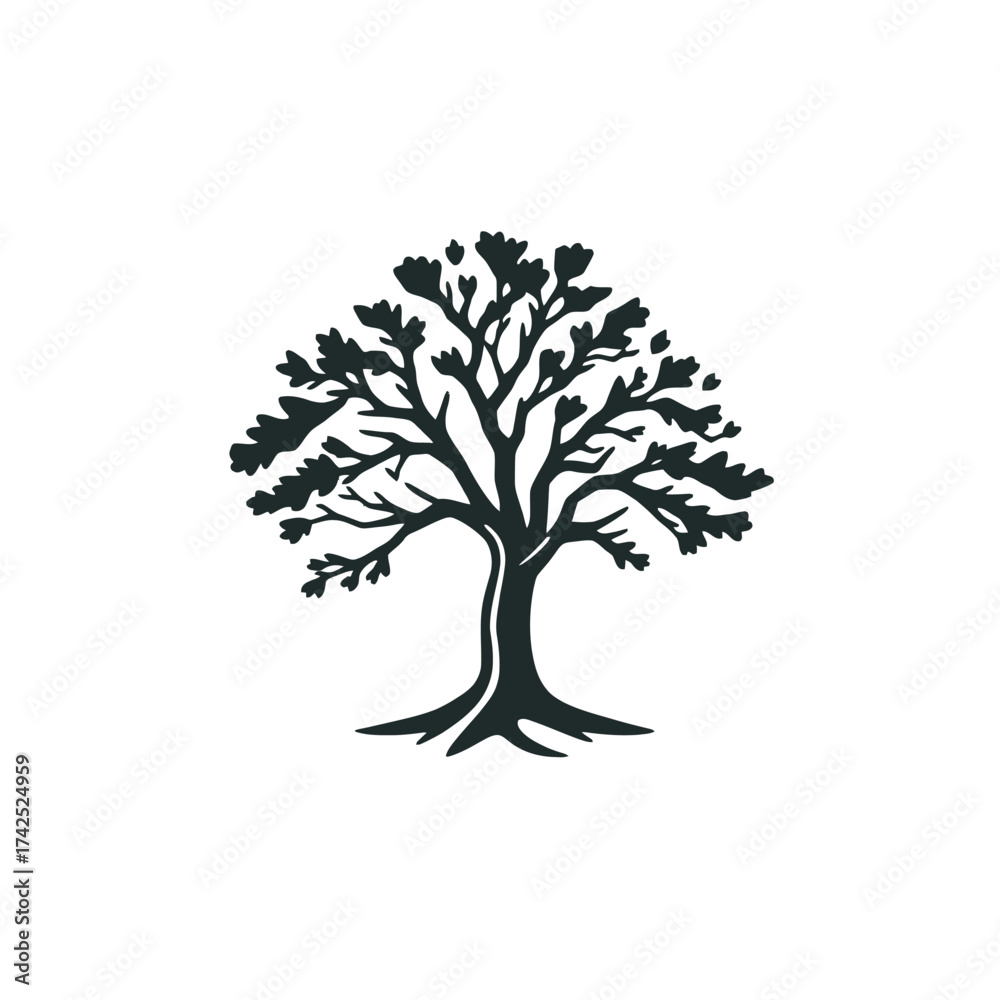 Obraz premium Silhouette of a tree with full foliage, depicted in a simple, graphic style against a white background.