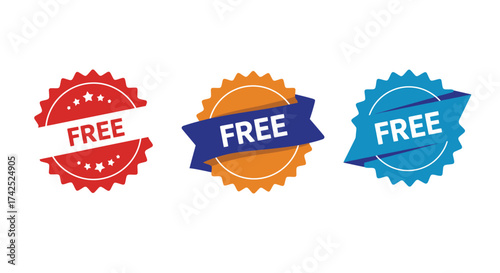 Three colorful badges displaying the word free promotional marketing visuals