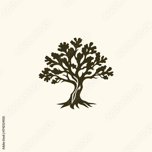 Silhouette of a stylized tree with intricate branches and roots, isolated on a cream background.