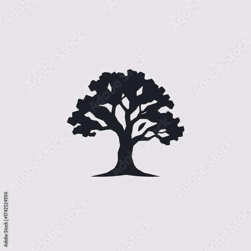Silhouette of a tree with a full crown and visible branches against a light gray background.