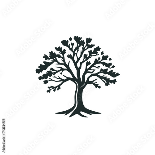 Silhouette of a tree with full foliage, depicted in a simple, graphic style against a white background.