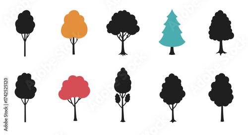 Collection of silhouetted trees in various shapes and autumnal colors