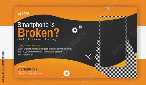 Advertisement banner for smartphone repair service with broken phone and tools