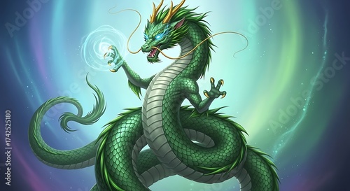 A majestic green dragon with magical orb stands against a swirling aurora