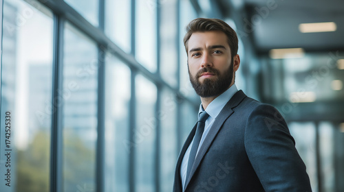 Stylish businessman with beard in elegant suit near glass windows