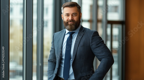 Confident businessman with beard standing in modern office with sunlight