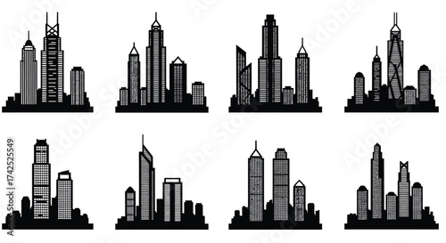 A collection of black silhouette skyscrapers and city building outlines