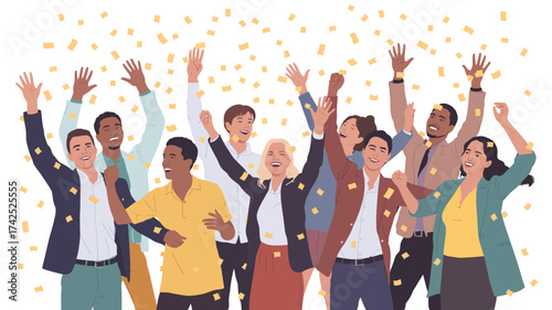 Diverse group of cheering people celebrating success with falling confetti vector illustration vector