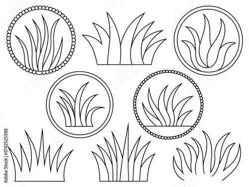 Scalable vector line art illustration of grass clumps and circular grass emblems for versatile design use silhouette vector illustration white background