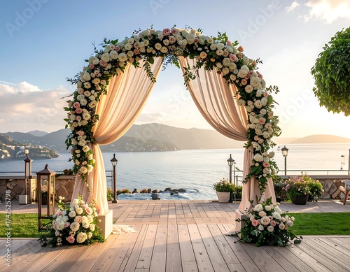 Floral arch with draped fabric, sea view during wedding