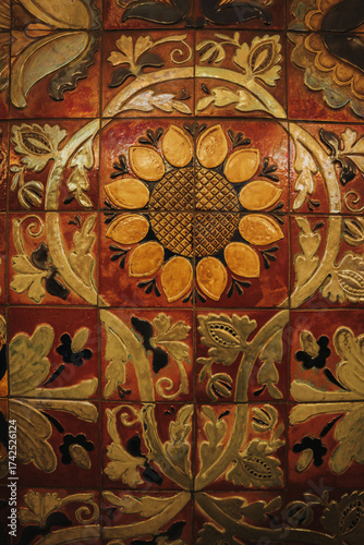 Decorative wall tiles inside Khreshchatyk Metro Station in Kyiv, Ukraine, featuring traditional sunflower ornament patterns