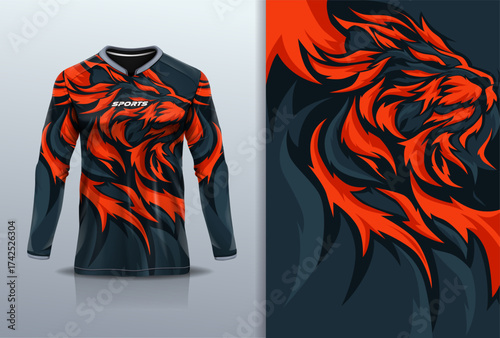 T-shirt mockup abstract  grunge lion texture sport jersey design for football, soccer, racing, esports, running, red black color