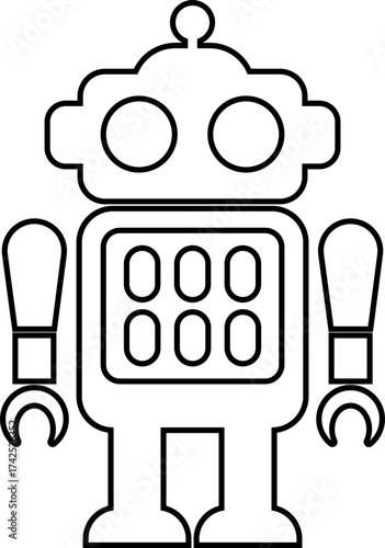 Retro robot icon in line style vector of vintage androids, droids, bots, cyborgs, mechanical machines and humanoid robots.