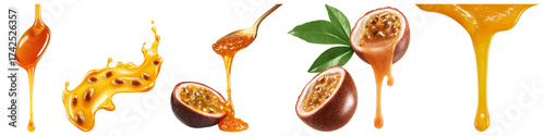 Pouring passionfruit syrup tropical golden orange drip Passionfruit syrup dripping