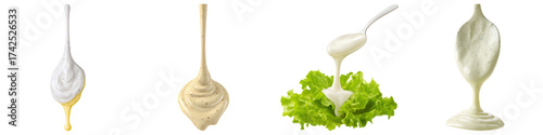 Pouring creamy salad dressing ranch drip fresh food lettuce, isolated transparency background