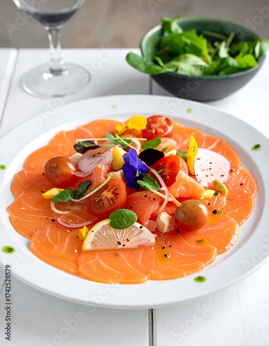 Salmon dish with colorful garnishes