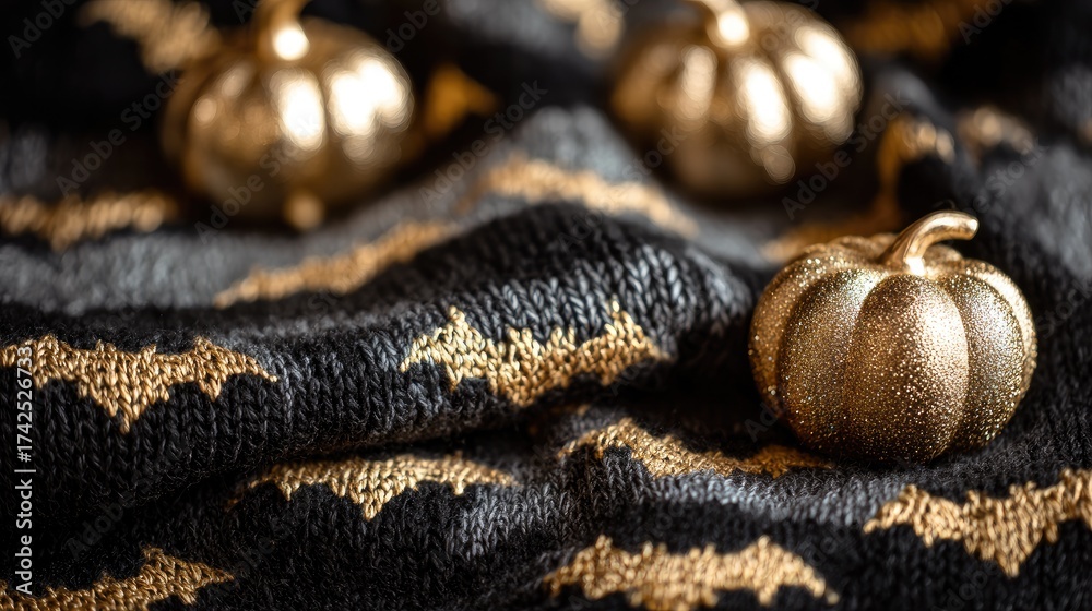 Naklejka premium Glimmering Gold Pumpkins on Black Bat Patterned Fabric for Halloween