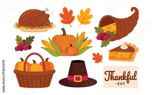 A collection of Thanksgiving-themed illustrations on a white background