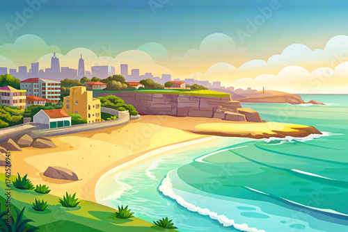 Bondi Beach Australia, iconic sandy coastline, surfers paradise, blue ocean waves, summer vacation destination, travel photography scene, natural tropical paradise, coastal landscape beauty.