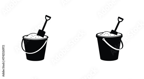 Black and white illustration of two sand buckets with beach tools