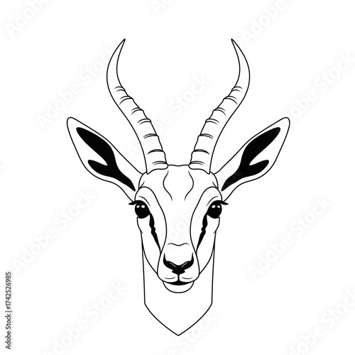 Black and white line art illustration of a gazelle head.