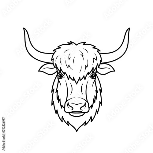 Yak Head Front View Black and White Outline Illustration.