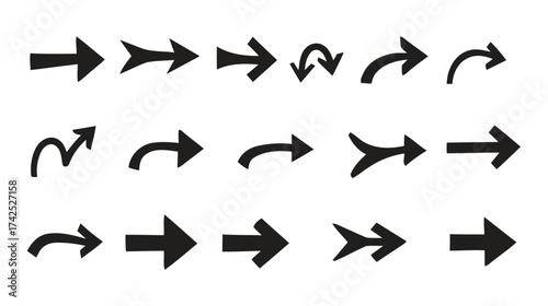 Collection of diverse scalable vector arrow icons for digital design and navigation elements silhouette vector illustration white background