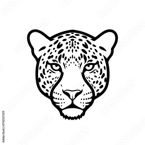 Intense gaze of a majestic cheetah face, detailed illustration in black and white.