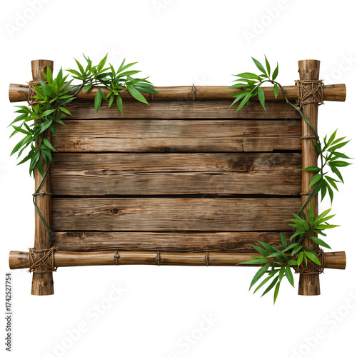 Rustic wooden signboard framed with lush green foliage against a transparent setting