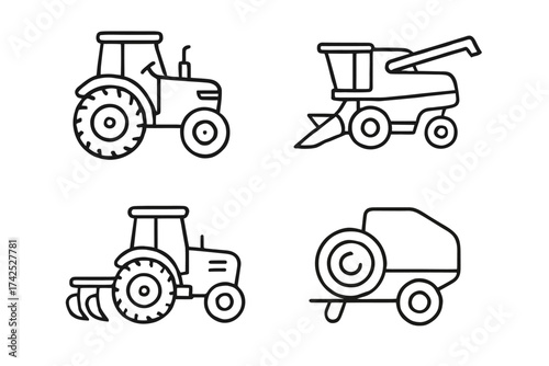 Simple line art of farming machinery including tractor and combine harvester