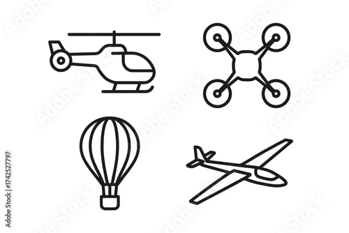 Outline icons of helicopter, drone, hot air balloon, and glider