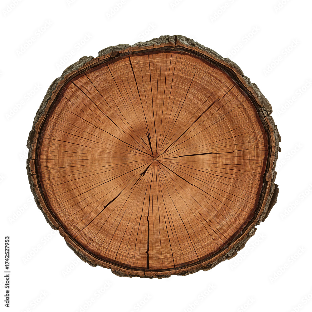 Fototapeta premium Isolated circular tree trunk slice showcasing natural wood grain patterns and growth rings in high