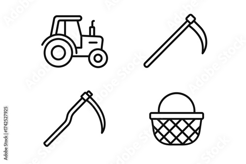 Farming tools and equipment icons: tractor scythe basket