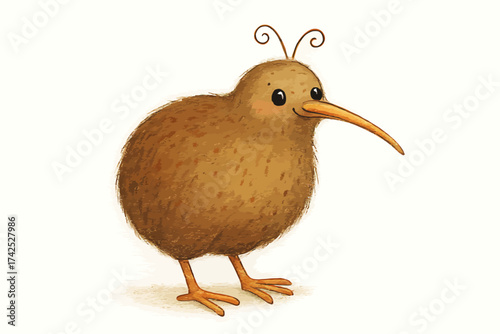 Cute cartoon kiwi bird illustration with curly antennae and long brown beak